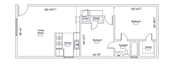 A floor plan of a small apartment with a living room, kitchen, and two bedrooms.