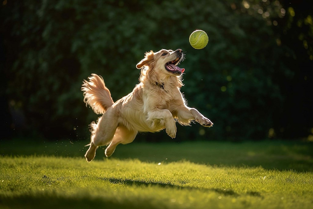 A dog is leaping into the air to catch a tennis ball.at Addison at Sutherland, Knoxville, TN  