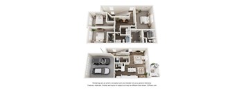 A 3D floor plan of a house with two bedrooms, two bathrooms, a living room, a kitchen, and a garage.