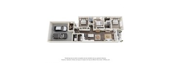 A 3D floor plan of a house with a kitchen, living room, and two bedrooms.