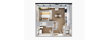 A top-down view of a small apartment with a bed, desk, and kitchenette.