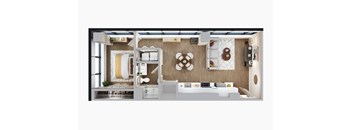 A top-down view of a small apartment with a kitchen, living room, and bedroom.