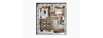 A top-down view of a modern apartment layout with a kitchen, living room, and dining area.
