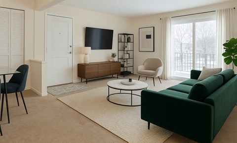 A living room with a green couch, a black chair, a white armchair, a coffee table, a flat screen TV, a wooden cabinet, a plant, and a window with white curtains.