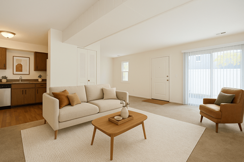 A living room with a couch, a coffee table, and a chair.