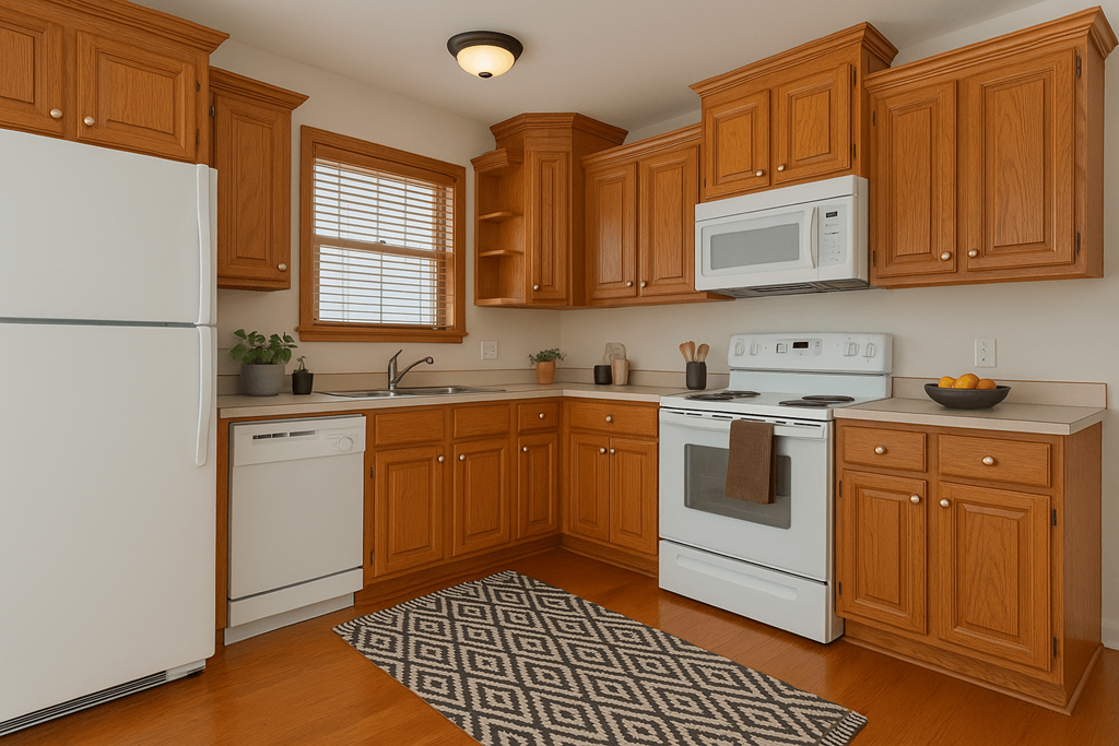A kitchen with wooden cabinets and white appliances.