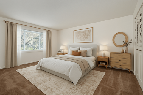 A bedroom with a large bed, a dresser, and a mirror.