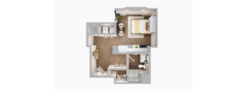 A floor plan of a small apartment with a kitchen, living room, and bedroom.