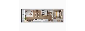 A floor plan of a house with a kitchen, living room, and bathroom.