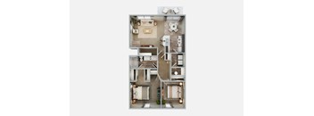 A floor plan of a house with a kitchen, living room, and two bedrooms.