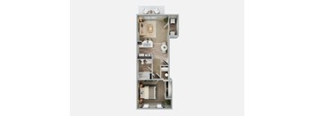 A 3D floor plan of a small apartment with a kitchen, living room, and bathroom.
