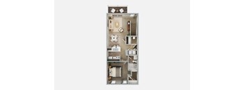A floor plan of a small apartment with a kitchen, living room, and bathroom.