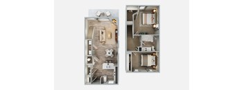 A top-down view of a small apartment with a kitchen, living room, and bathroom.