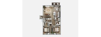 A floor plan of a house with a kitchen, living room, and two bedrooms.