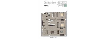 A floor plan of a 2 bedroom, 2 bathroom apartment at the Tower on the Maumee.