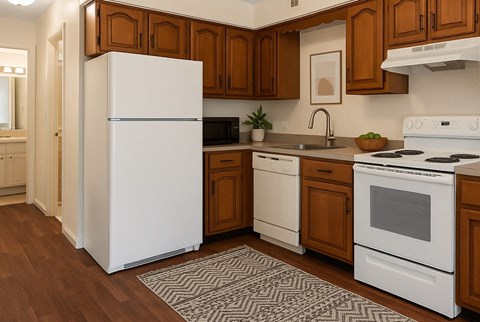 A white refrigerator stands in a kitchen with wooden cabinets and white appliances.