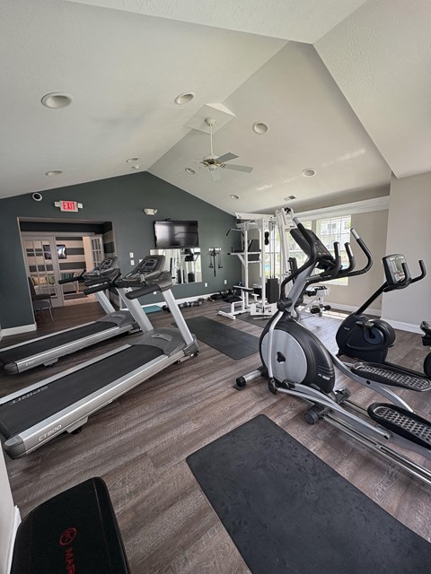 A gym with treadmills and elliptical machines.