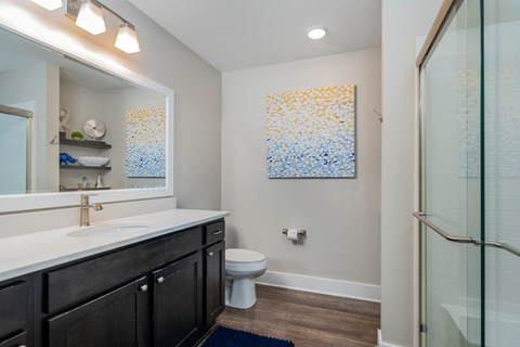 A bathroom with a white counter top and a painting on the wall.