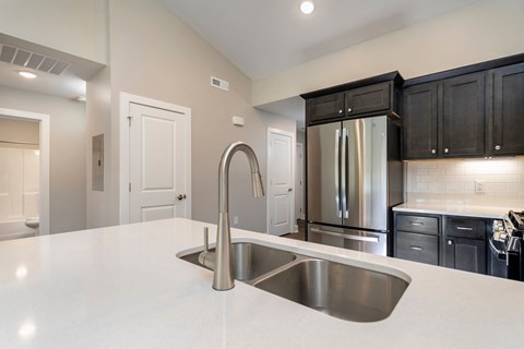 A modern kitchen with a stainless steel sink and refrigerator.
