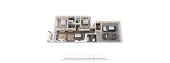 A 3D floor plan of a house with a kitchen, living room, and two bedrooms.