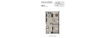 A floor plan for a 1 bedroom/1 bath apartment at the Tower on the Maumee.