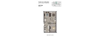 A floor plan of a 1 bedroom apartment in a building called Tower on the Maumee.