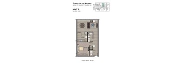 A floor plan for a 1 bedroom 1 bath apartment at the Tower on the Maumee.