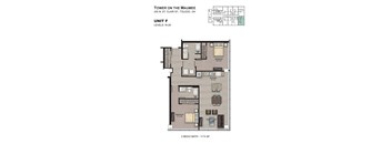 A floor plan for a 2 bedroom, 2 bathroom apartment at the Tower on the Maumee.