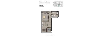 A floor plan for a 1 bedroom 1 bath unit at the Tower on the Maumee.
