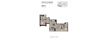 A floor plan for a 2 bedroom, 2 bathroom apartment at the Tower on the Maumee.