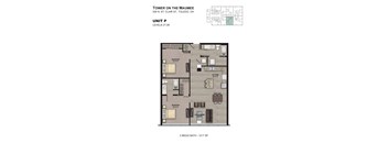 A diagram of a 2 bedroom/2 bath apartment with a living room and a kitchen.