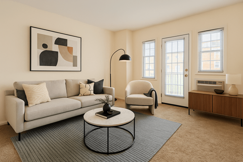 A living room with a grey couch, a black floor lamp, and a framed abstract painting on the wall.
