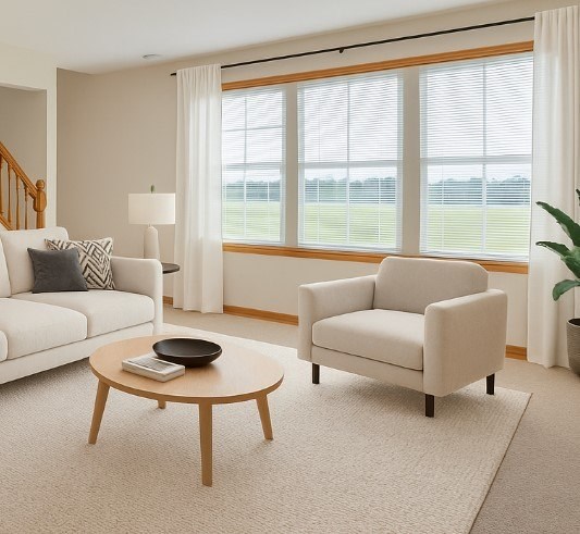 A living room with a white sofa, a white armchair, a wooden coffee table, and a large window with white curtains.