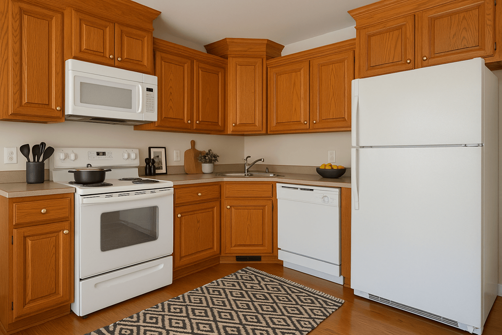 A kitchen with white appliances and wooden cabinets.