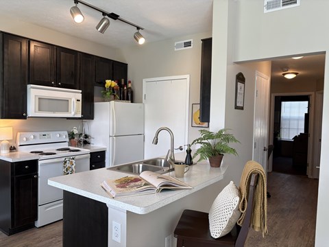 A kitchen with black cabinets and white appliances.