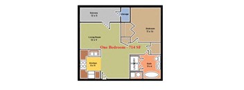 A floor plan of a one bedroom apartment with a living room, kitchen, bathroom and balcony.