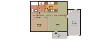 A floor plan of a house with a total of 746 square feet of living space and 308 square feet of garage space.