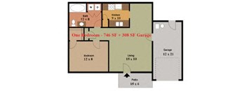A floor plan of a house with a total of 746 square feet of living space and 308 square feet of garage space.