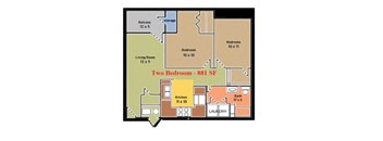 A floor plan of a two bedroom apartment with 881 square feet.