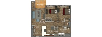 A floor plan of a house with two bedrooms, a living room, a kitchen, a bathroom, a laundry room, a cloakroom, a cloffice, and a balcony.