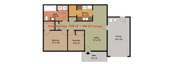 A floor plan of a house with two bedrooms, a living room, a kitchen, a bathroom, and a garage.