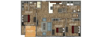A floor plan of an apartment with a living room, kitchen, and bedrooms.