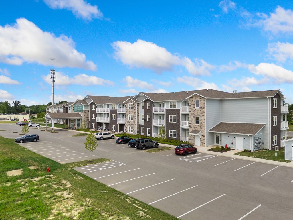 an empty parking lot in front of an apartment building at 41 North Apartments, Fort Wayne, IN