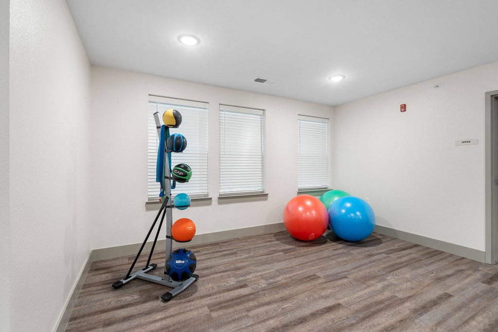 Fitness room with balls and exercise equipment at 41 North Apartments, Fort Wayne, IN 46835