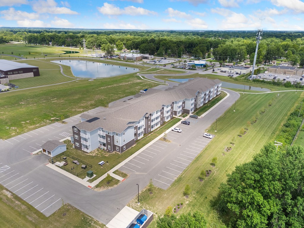 an aerial view of the intersection of a road and a bridge at 41 North Apartments, Fort Wayne, IN