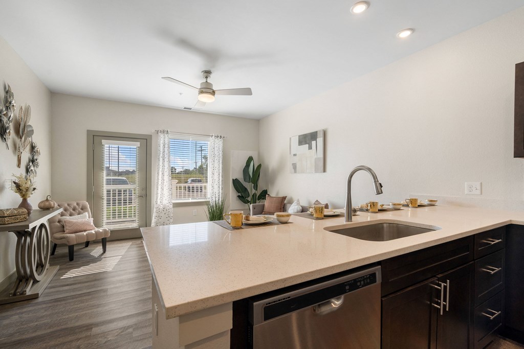 Apartment kitchen and living room at 41 North Apartments, Fort Wayne