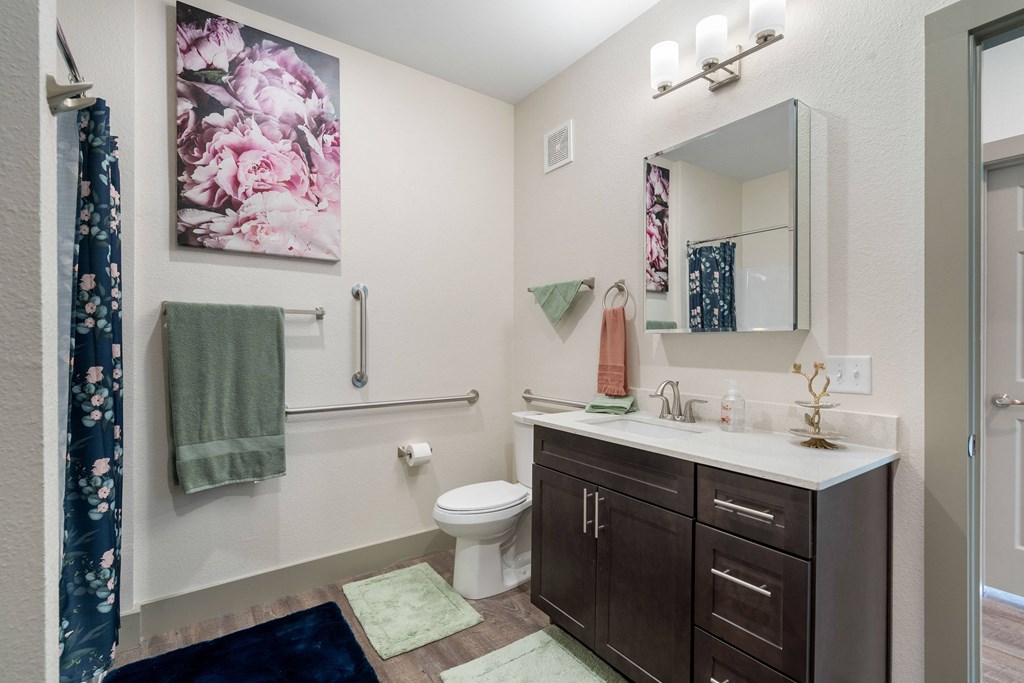 Bathroom with toilet sink and mirror at 41 North Apartments, Fort Wayne Indiana