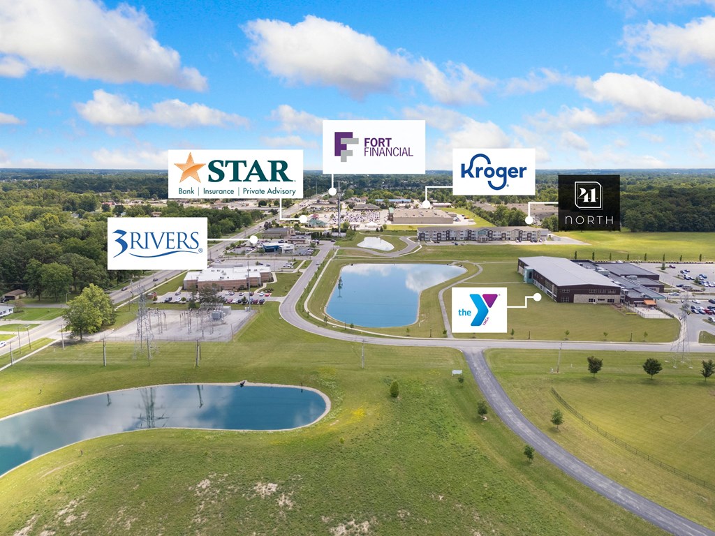 an aerial view with logos for different companies on top of it at 41 North Apartments, Fort Wayne, 46835