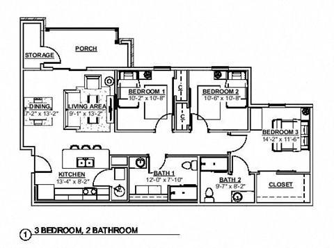 3 Bedroom Floor Plan at Haven Homes Apartments, LP, Plainfield, Indiana