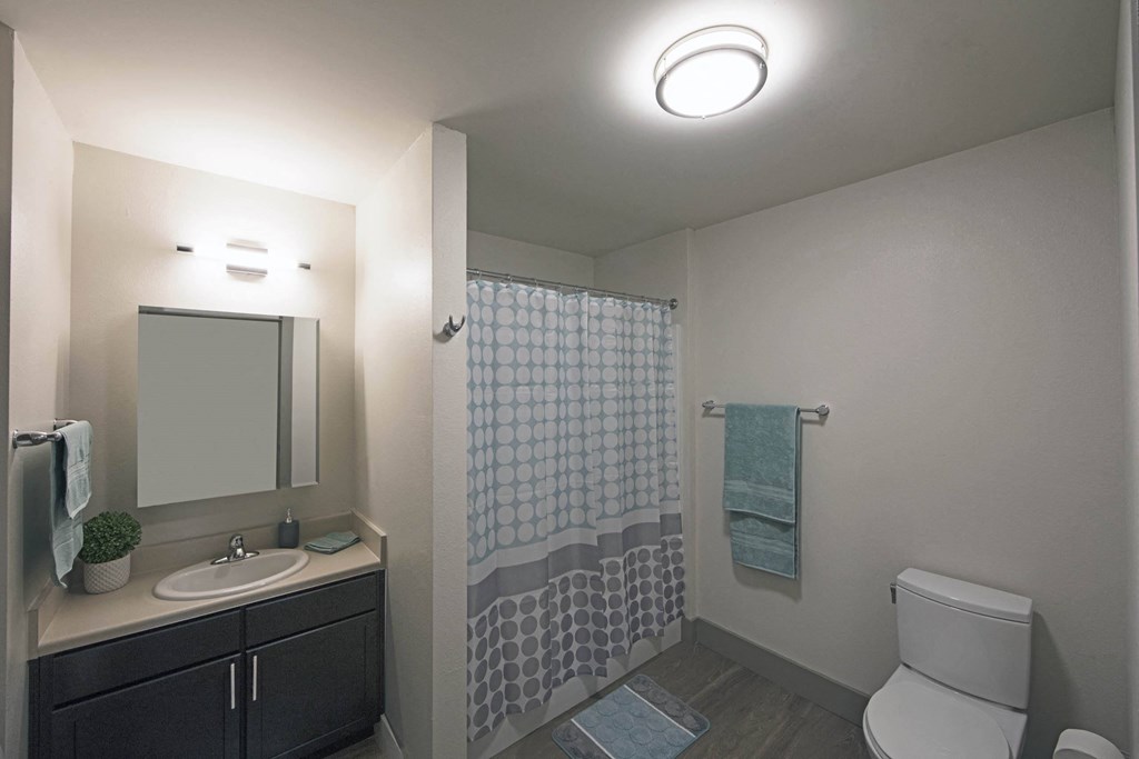 a bathroom with a shower and a sink and a toilet